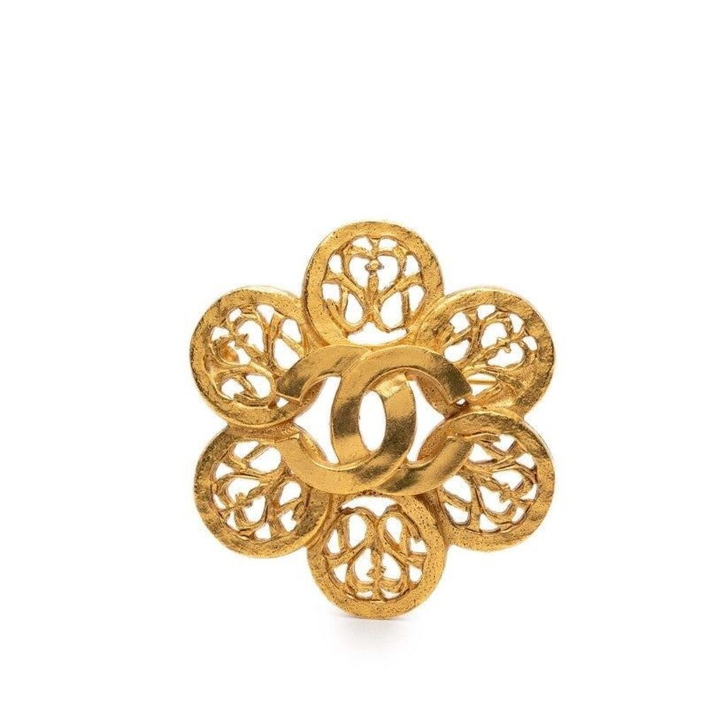 Chanel CC Logo Flower Motif Brooch Gold Plated